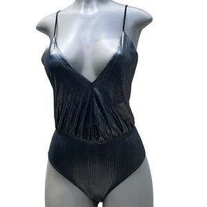 Zara Silver Metallic Tank Bodysuit  Women's 6 Plunging Neck Open Back Spaghetti